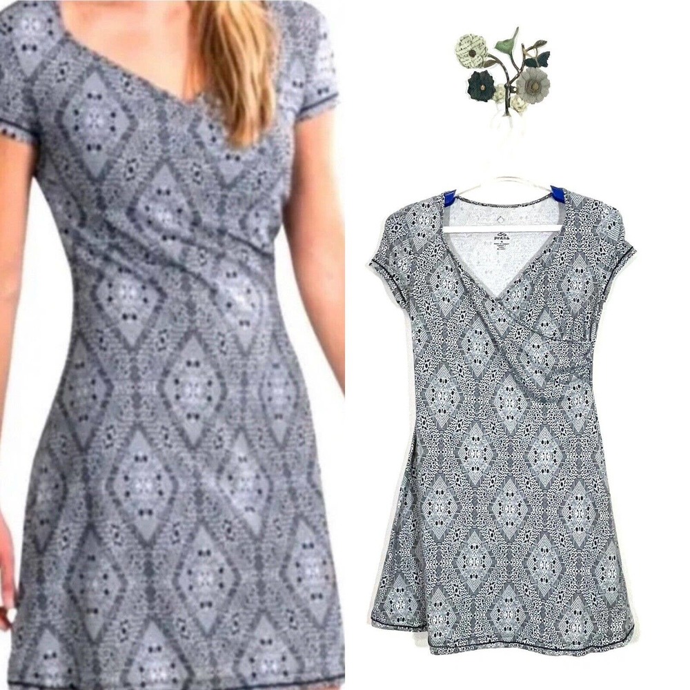 Prana Victoria Faux Wrap Dress Short Sleeve V-Neck Size Medium Black White